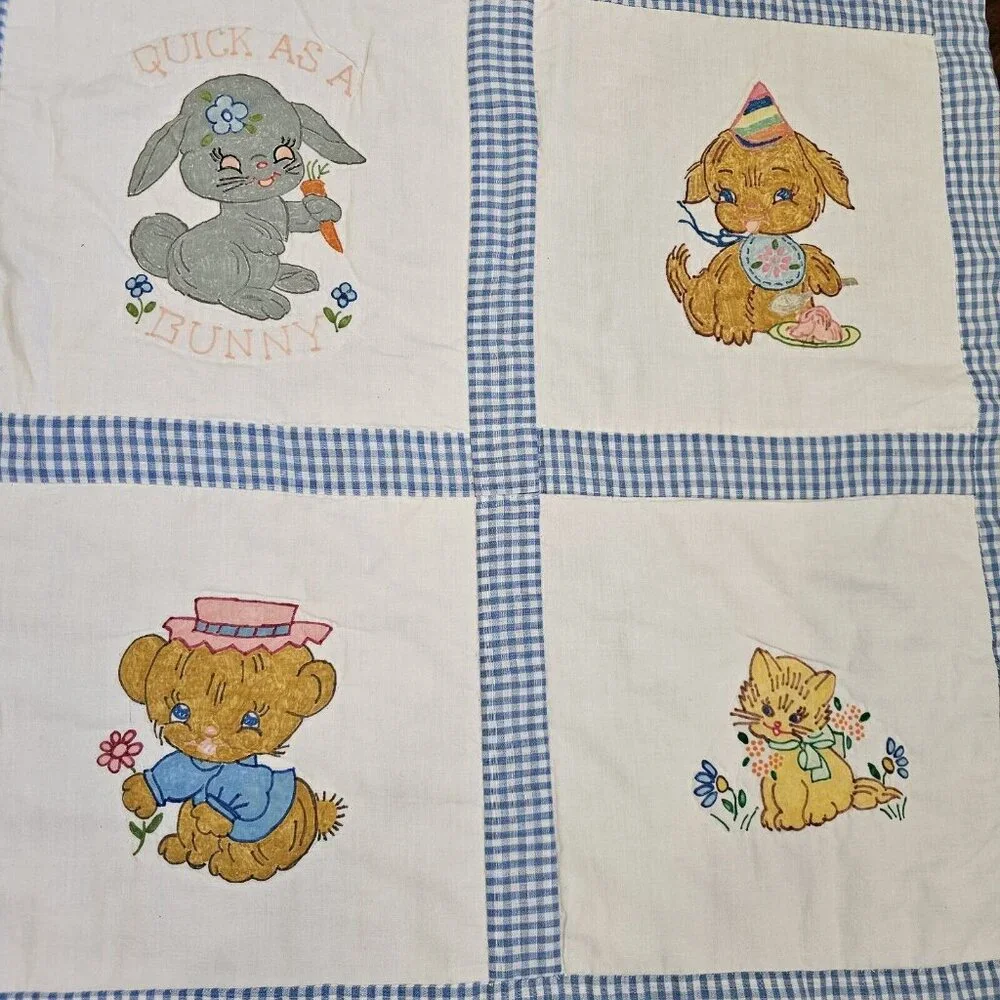 Vintage 70s Baby Quilt Kitschy Handpainted Animals Patchwork Blue 41 X 51‎ Blue